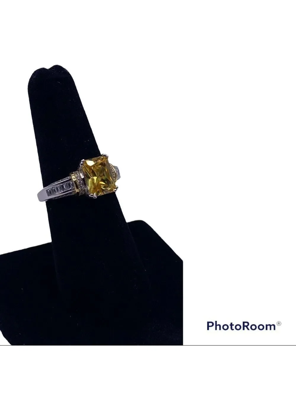 Sterling Silver Two Tone Gold Plated Emerald Cut Yellow CZ Ring - Size 7, NWT
